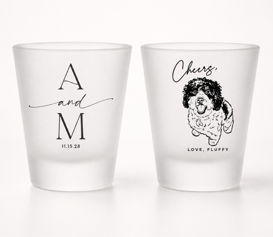 Frosted shot glass with pet for a wedding celebration with couples initials and date