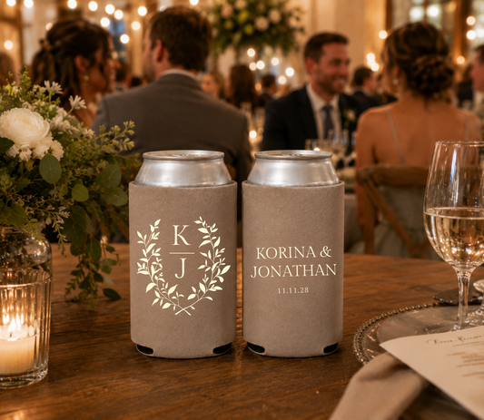 Personalized Botanical Wedding Can Coolers