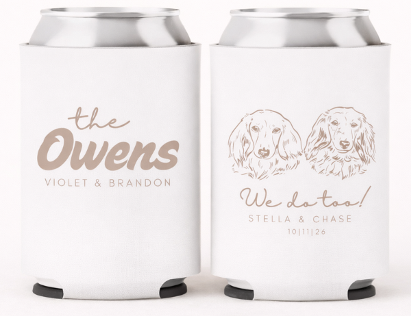 Custom wedding can coolers with dachshund dog portrait, personalized couple names and date, neutral taupe wedding theme, shown on clean ivory studio background
