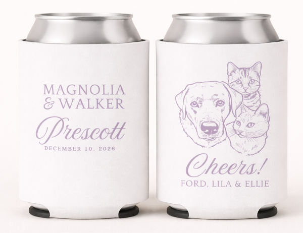 Custom wedding can coolers with dog and cat illustration, personalized names and date, lavender wedding theme, shown on minimal ivory studio background