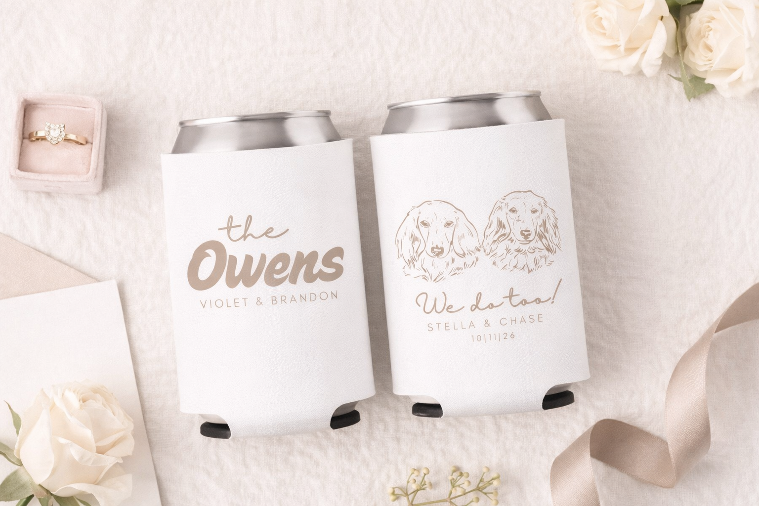 Custom dog illustration wedding can cooler with couple name
Personalized pet wedding drink sleeve with names and date
Dog lover wedding favor custom design
Pet portrait wedding can cooler with message