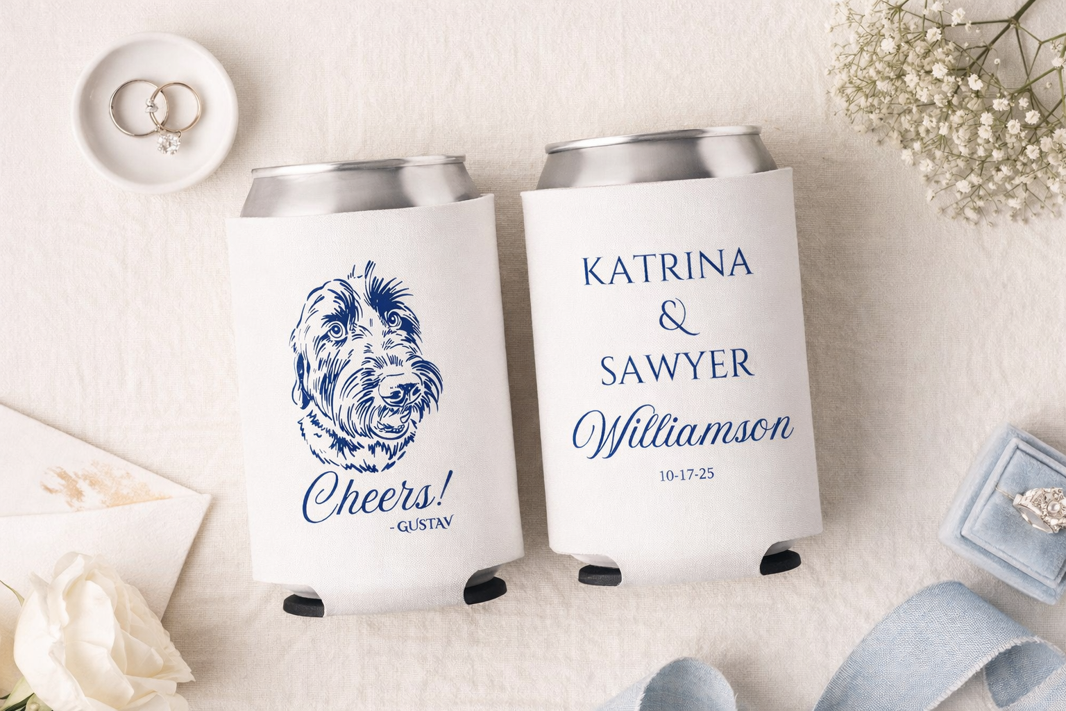 Custom dog portrait wedding can cooler with names
Personalized wedding drink sleeve with dog illustration
Dog lover wedding favor with custom design
Pet portrait wedding can cooler with date