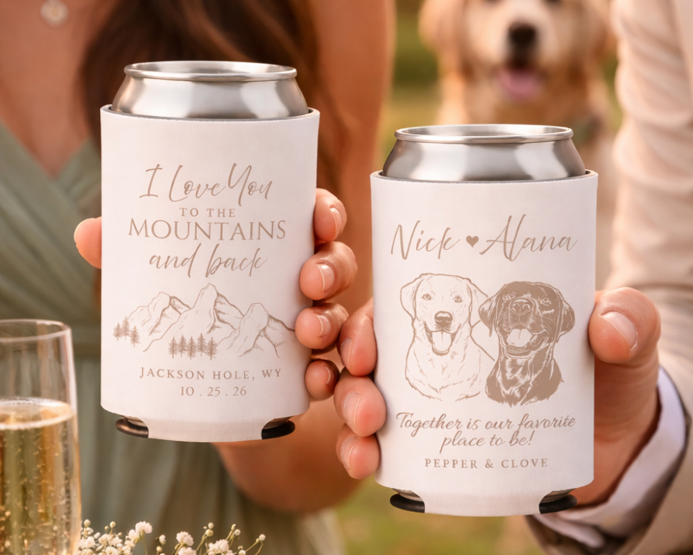 Personalized dog illustration wedding can cooler
Custom pet portrait drink sleeve for wedding
Dog themed wedding favor with names and date
Custom pet design wedding drink holder