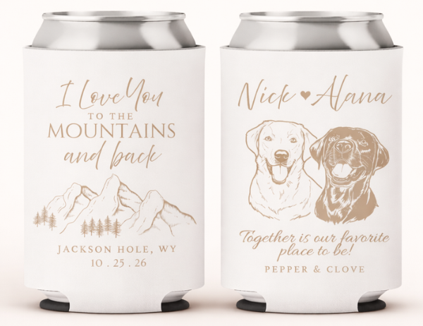 Close-up of hands holding custom wedding can coolers with dog portrait and personalized names, styled at romantic outdoor reception with champagne and florals