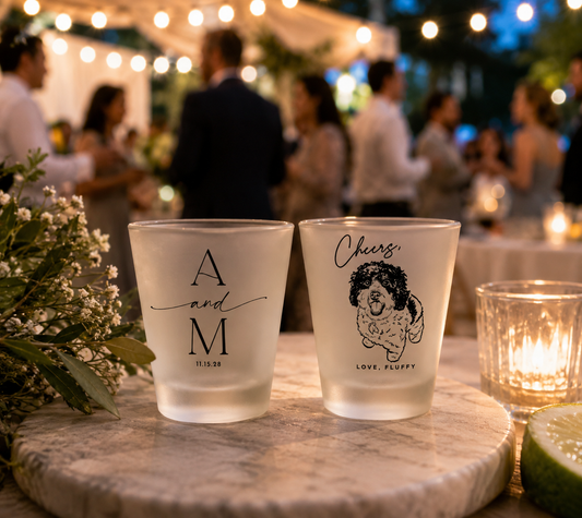 Personalized pet wedding frosted shot glasses featuring custom dog portrait initials and wedding date