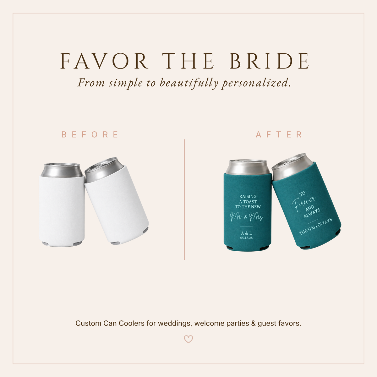 Personalized Teal Raising a Toast Wedding Can Coolers