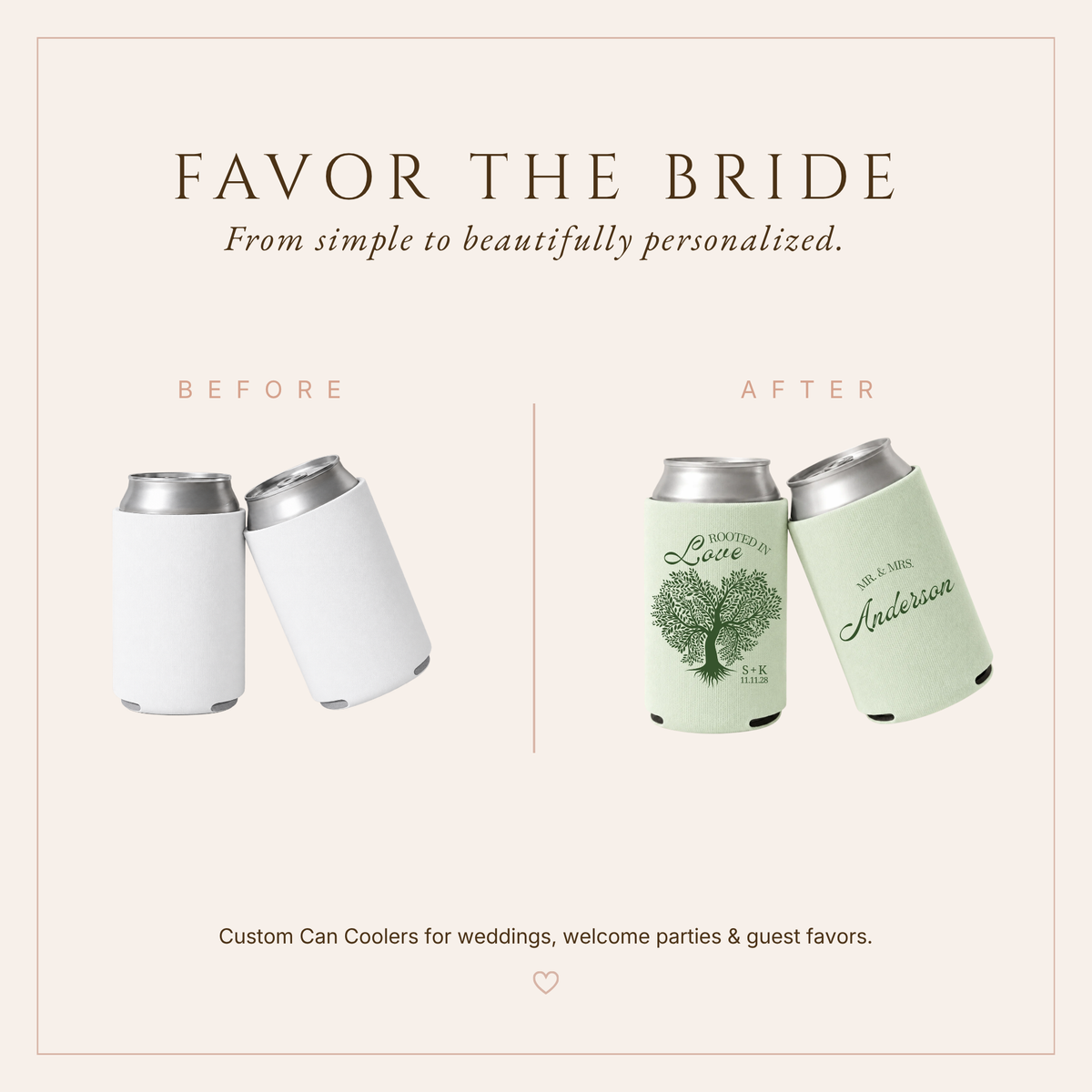Personalized Tree Heart Wedding Can Coolers