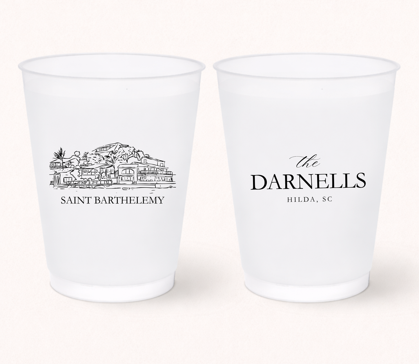 Personalized frosted wedding cups featuring Saint Barthelemy venue illustration and custom family name design