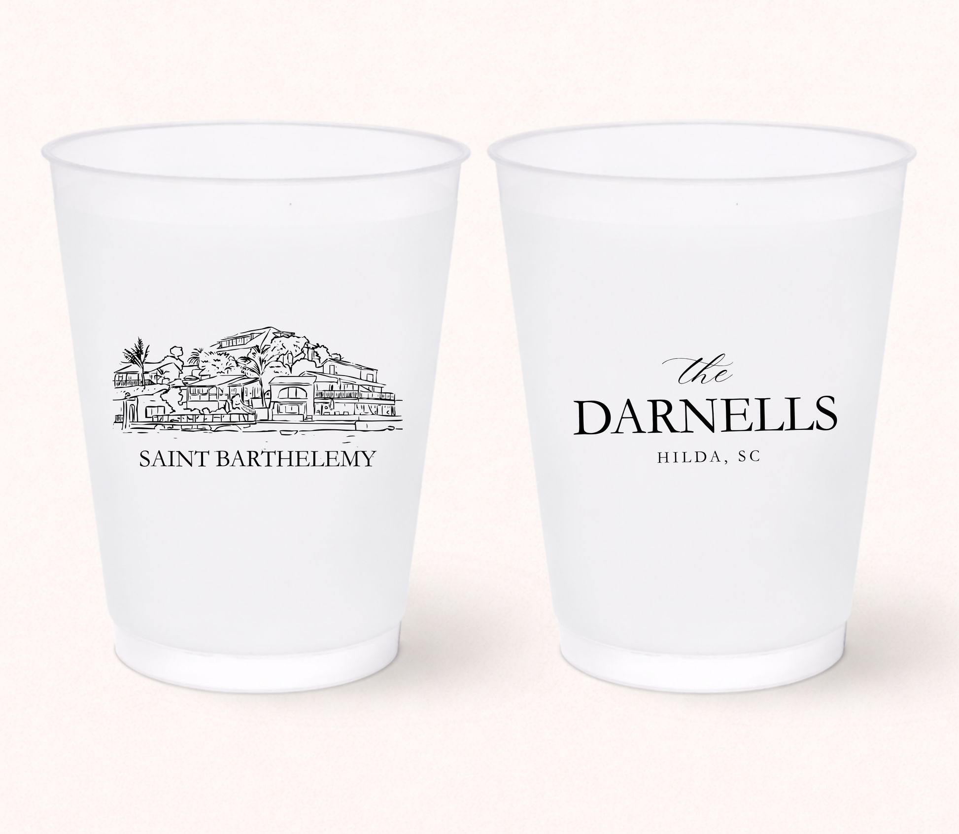 Personalized frosted wedding cups featuring Saint Barthelemy venue illustration and custom family name design
