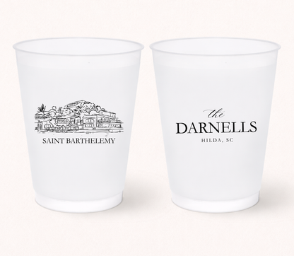 Personalized frosted wedding cups featuring Saint Barthelemy venue illustration and custom family name design
