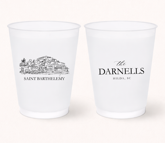 Personalized frosted wedding cups featuring Saint Barthelemy venue illustration and custom family name design