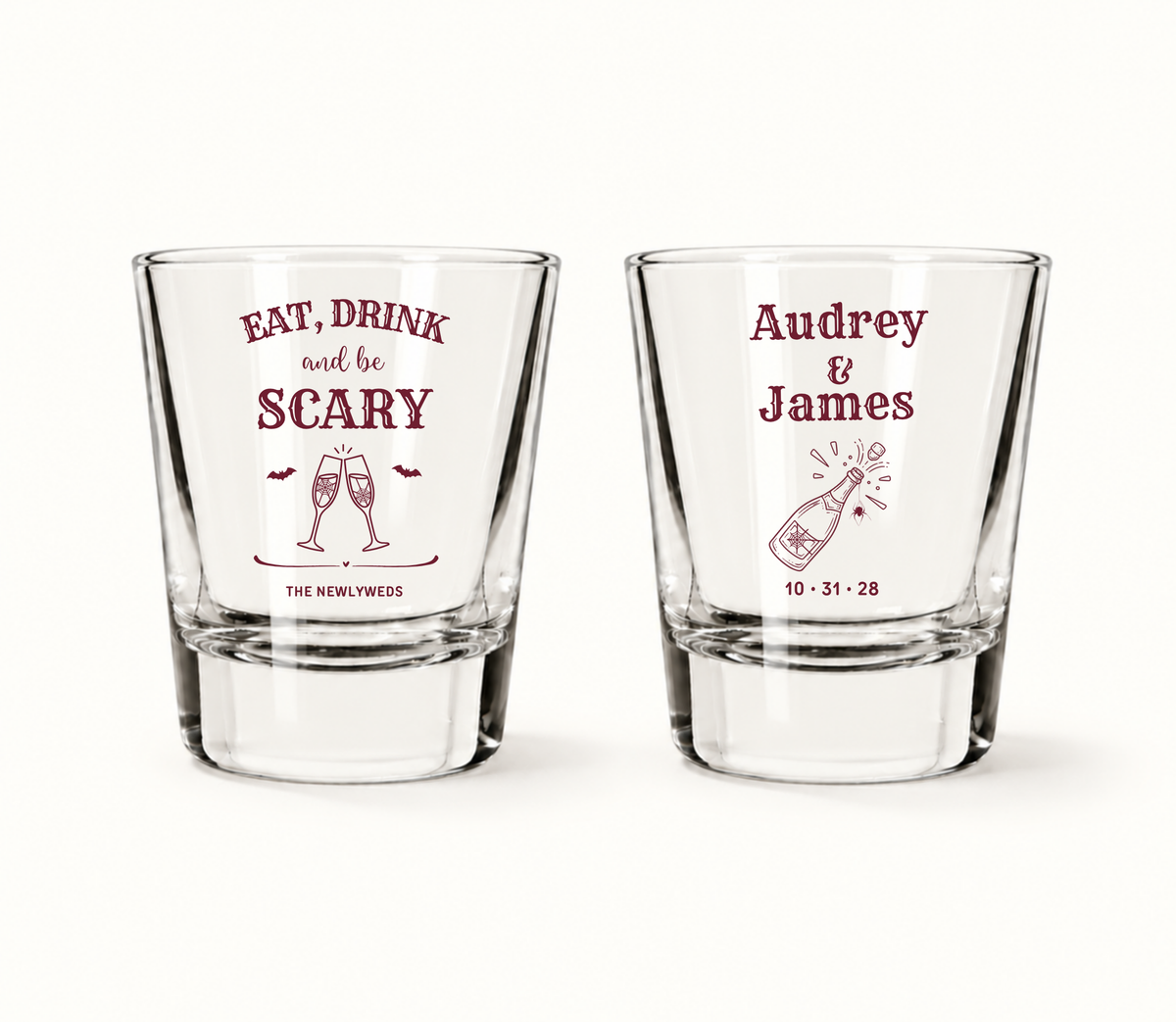 Personalized Eat, Drink and Be Scary Wedding Shot Glasses