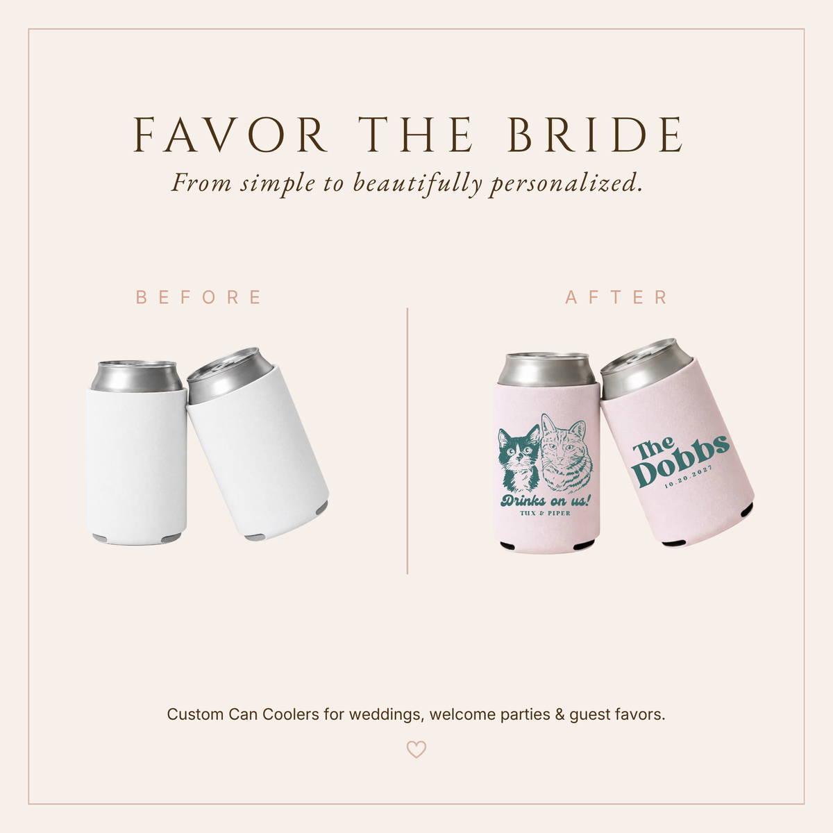 Personalized Cat Portrait Wedding Favor Can Coolers