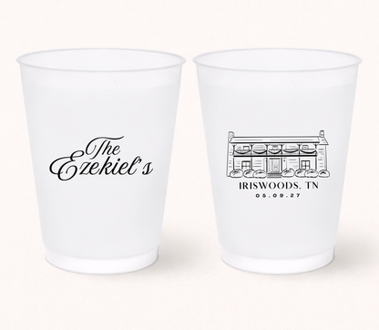 Personalized frosted wedding cups featuring Iriswoods venue illustration with custom family name and wedding date