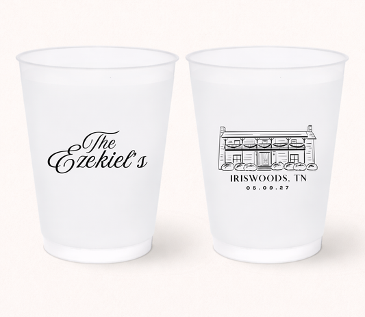 Personalized frosted wedding cups featuring Iriswoods venue illustration with custom family name and wedding date