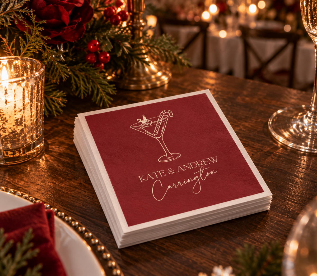 Holiday cocktail wedding napkins with candy cane drink illustration and custom couple names for winter celebrations.