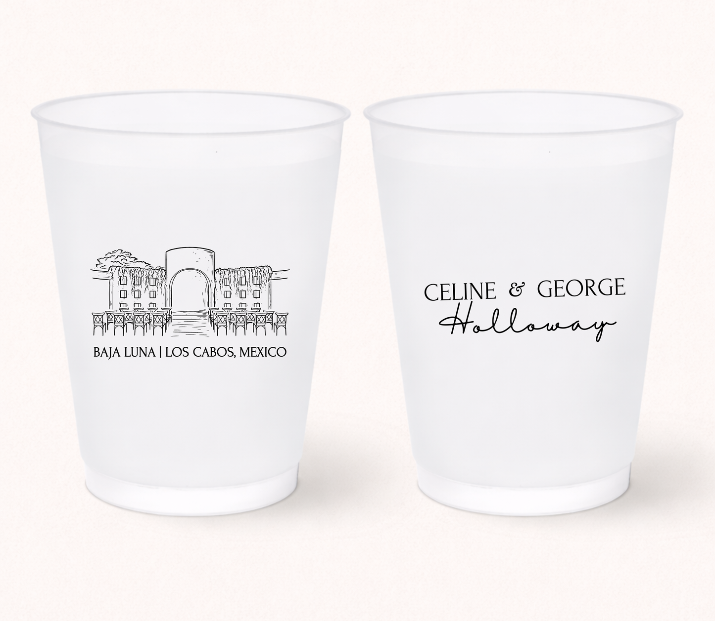 Personalized frosted wedding cups featuring Baja Luna Los Cabos venue illustration and custom couple names
