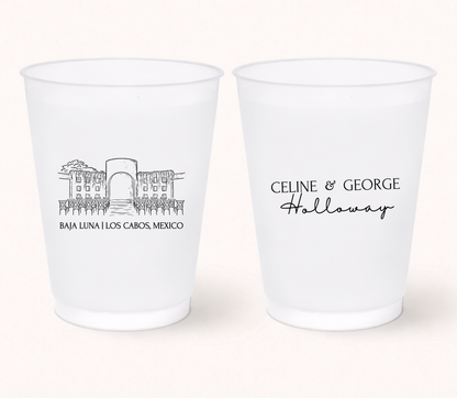Personalized frosted wedding cups featuring Baja Luna Los Cabos venue illustration and custom couple names