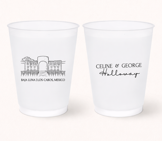 Personalized frosted wedding cups featuring Baja Luna Los Cabos venue illustration and custom couple names