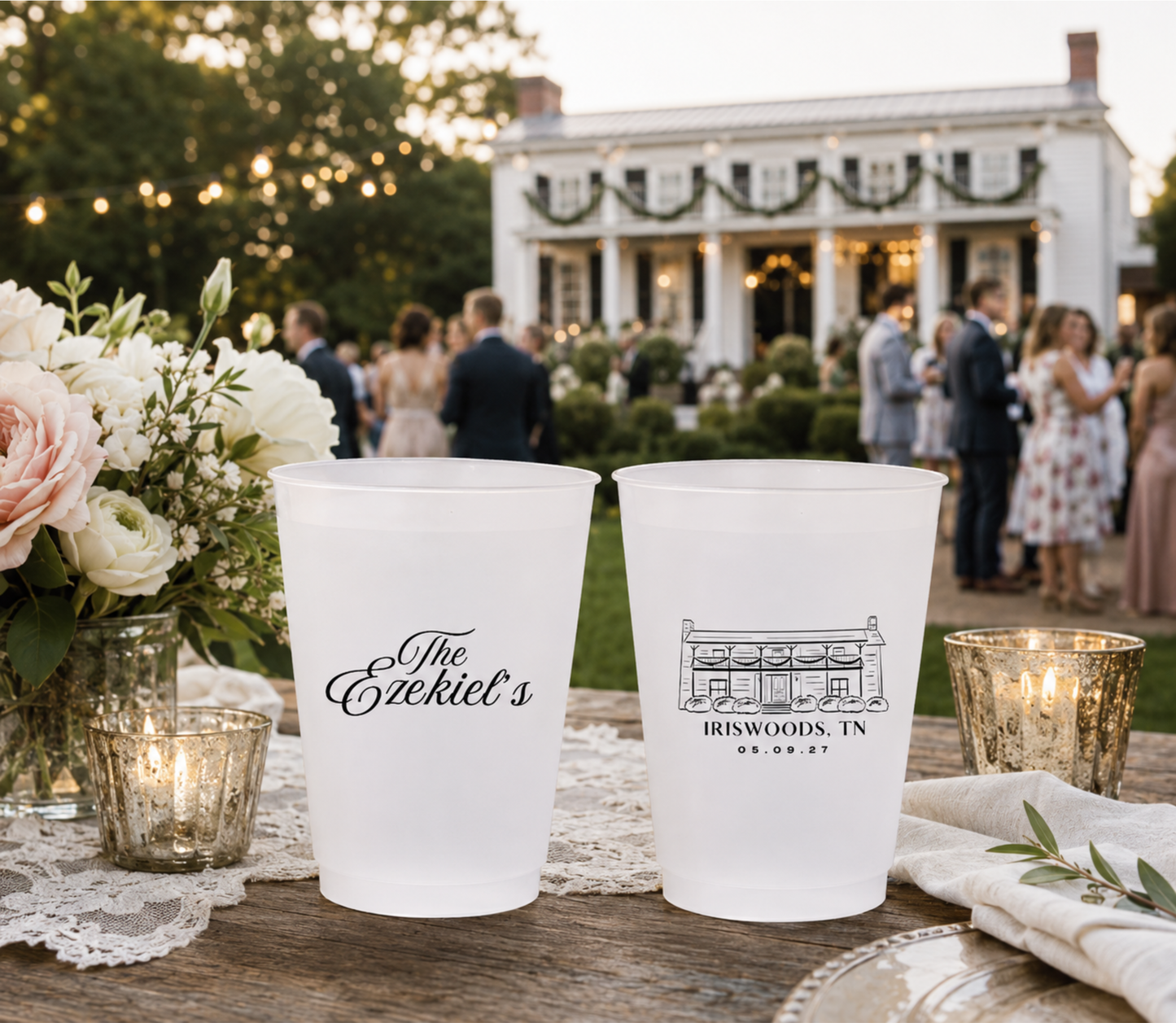 Custom Iriswoods wedding cups with personalized family name and venue artwork