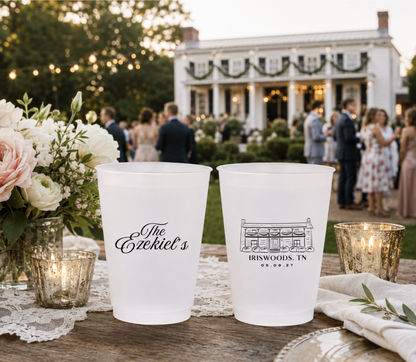 Custom Iriswoods wedding cups with personalized family name and venue artwork