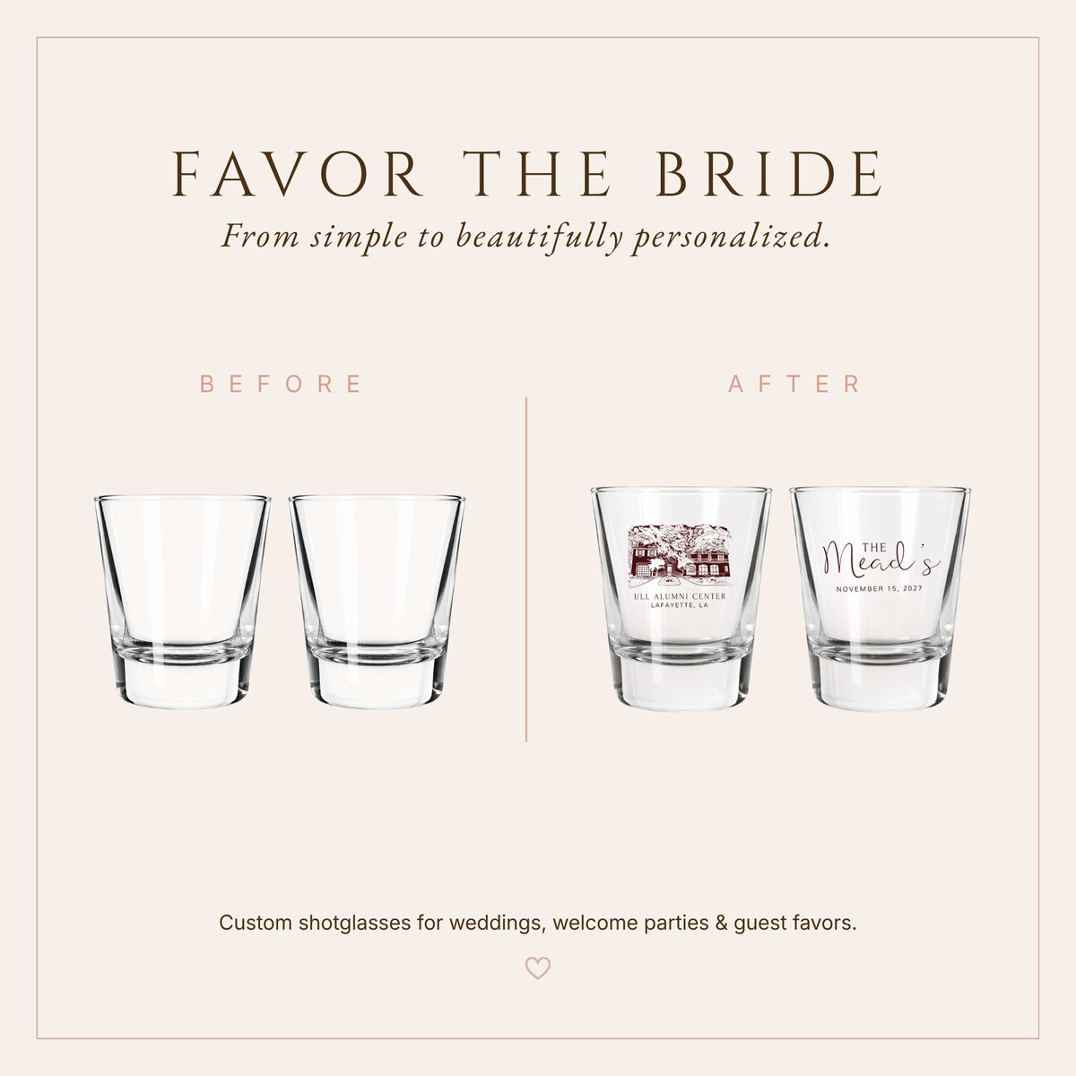 Personalized ULL Alumni Center Wedding Shot Glasses