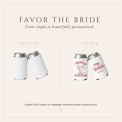 Custom Saddle Up Wedding Can Coolers