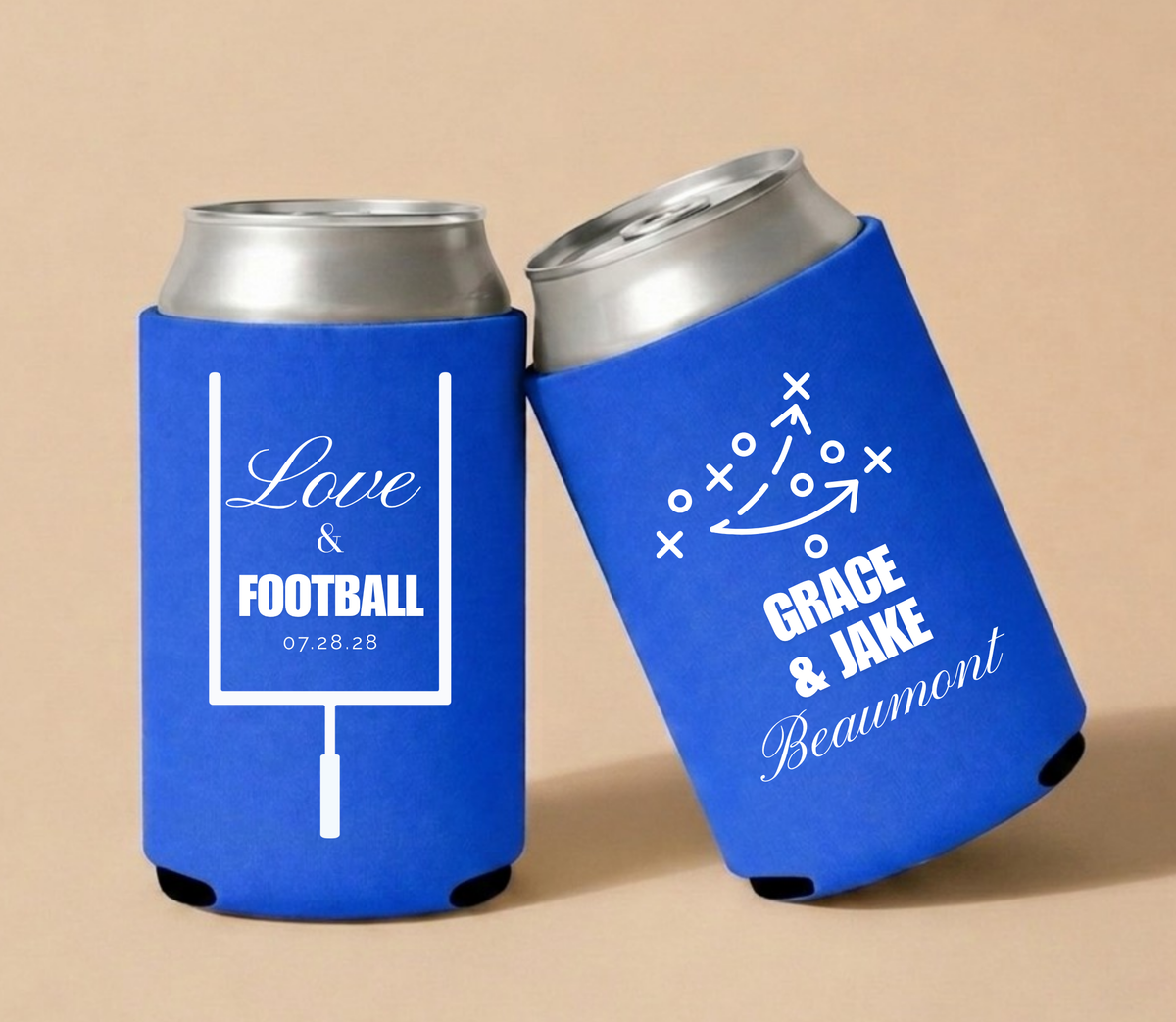 Personalized Love And Football wedding can coolers featuring football goalpost artwork, play diagram, custom couple names, and wedding date.