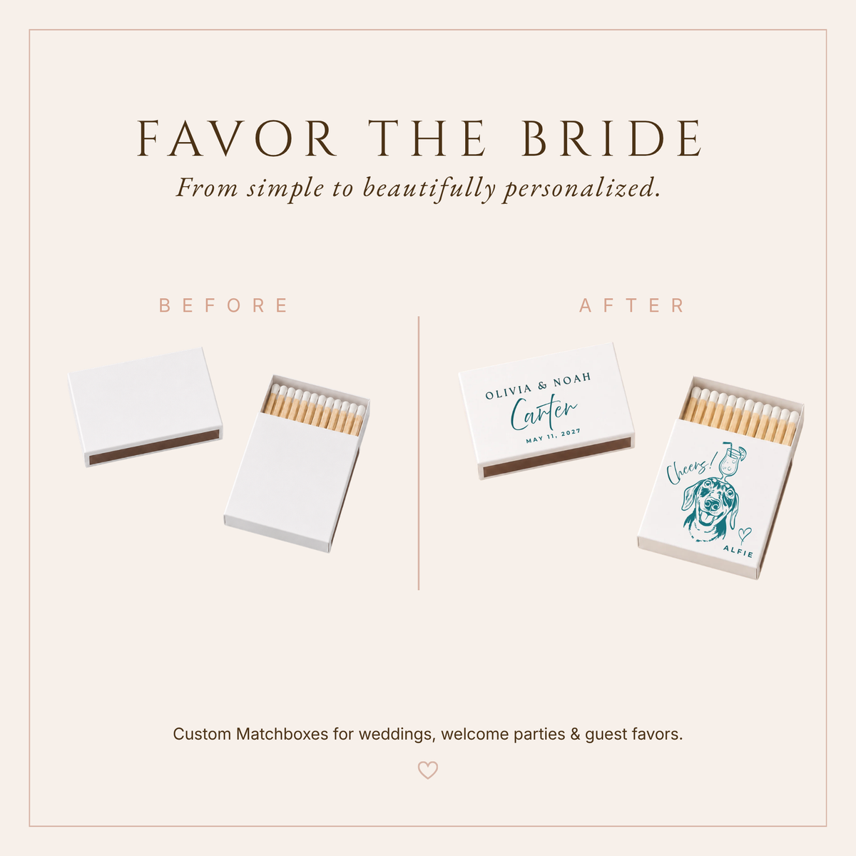 Wedding Matchbox Cocktail on pets head Favor