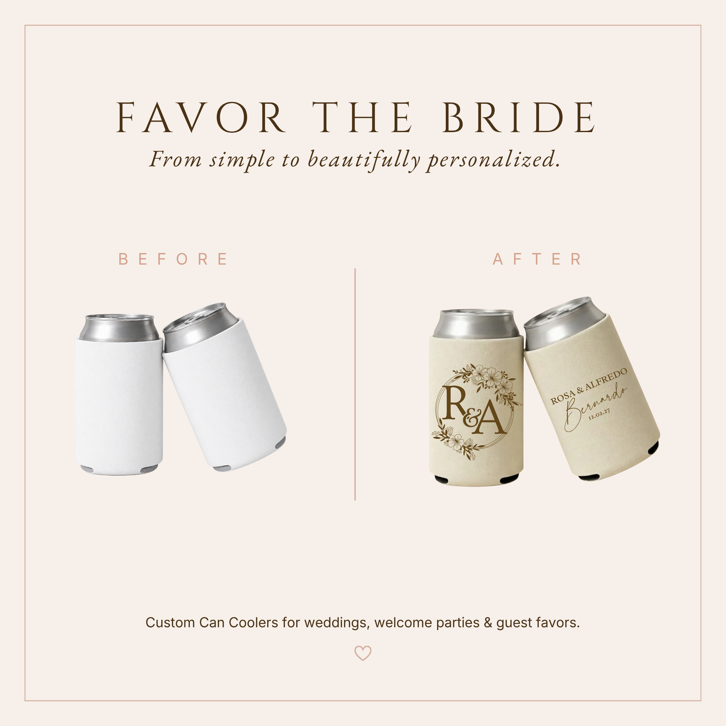 Personalized Floral Wedding Can Coolers with initials