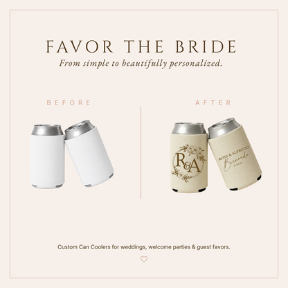 Personalized Floral Wedding Can Coolers with initials