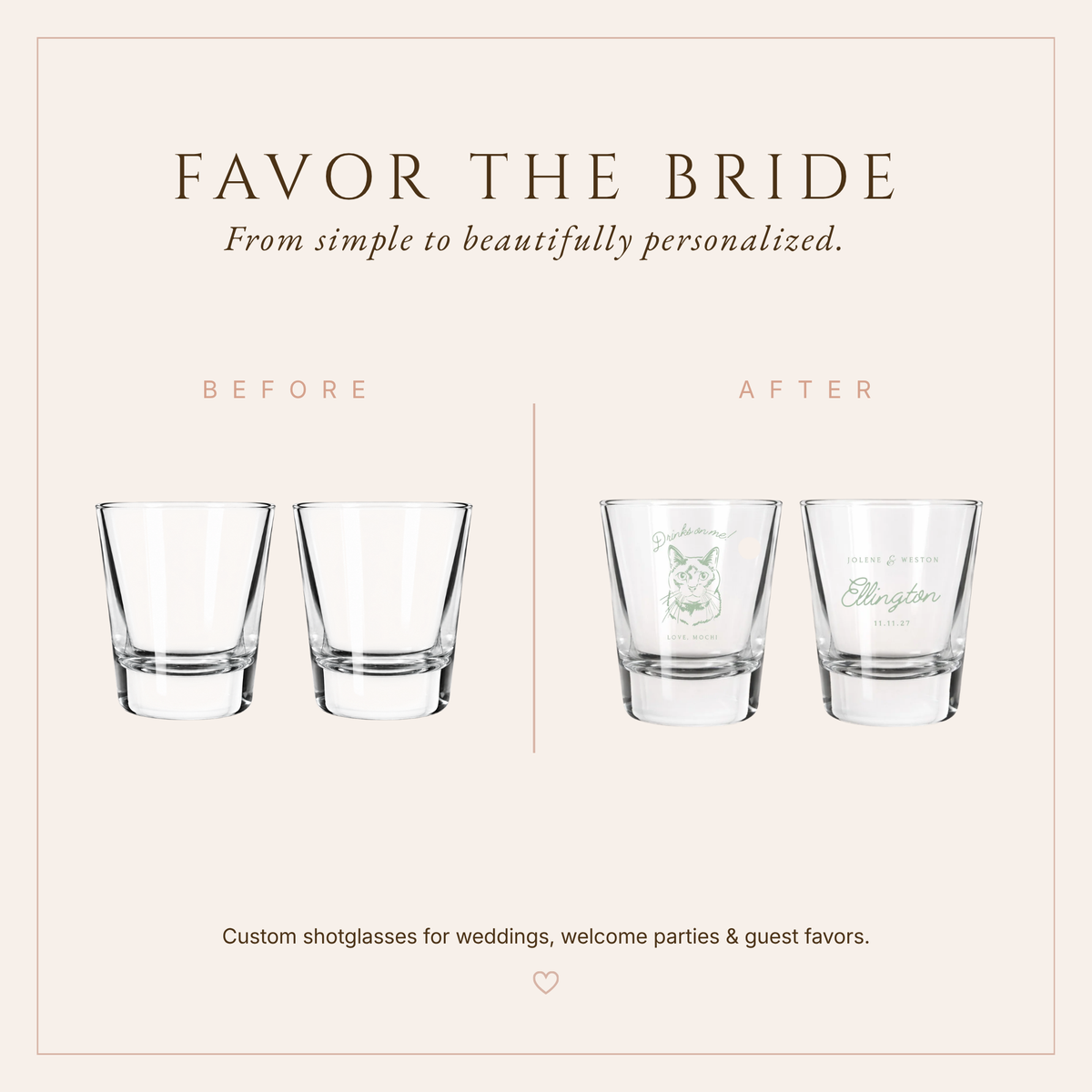 Personalized Cat Portrait Wedding Favor Shot Glasses