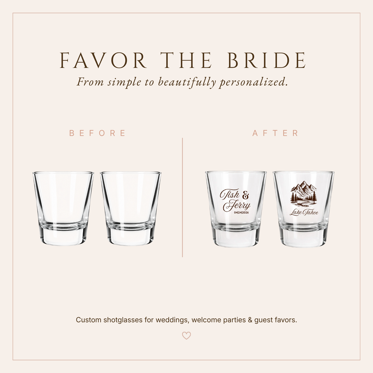 Personalized Mountain and Lake Wedding Shot Glasses