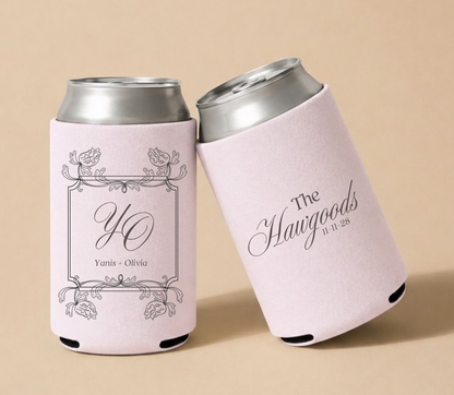 Personalized Blush Pink Vintage Floral Wedding Can Coolers