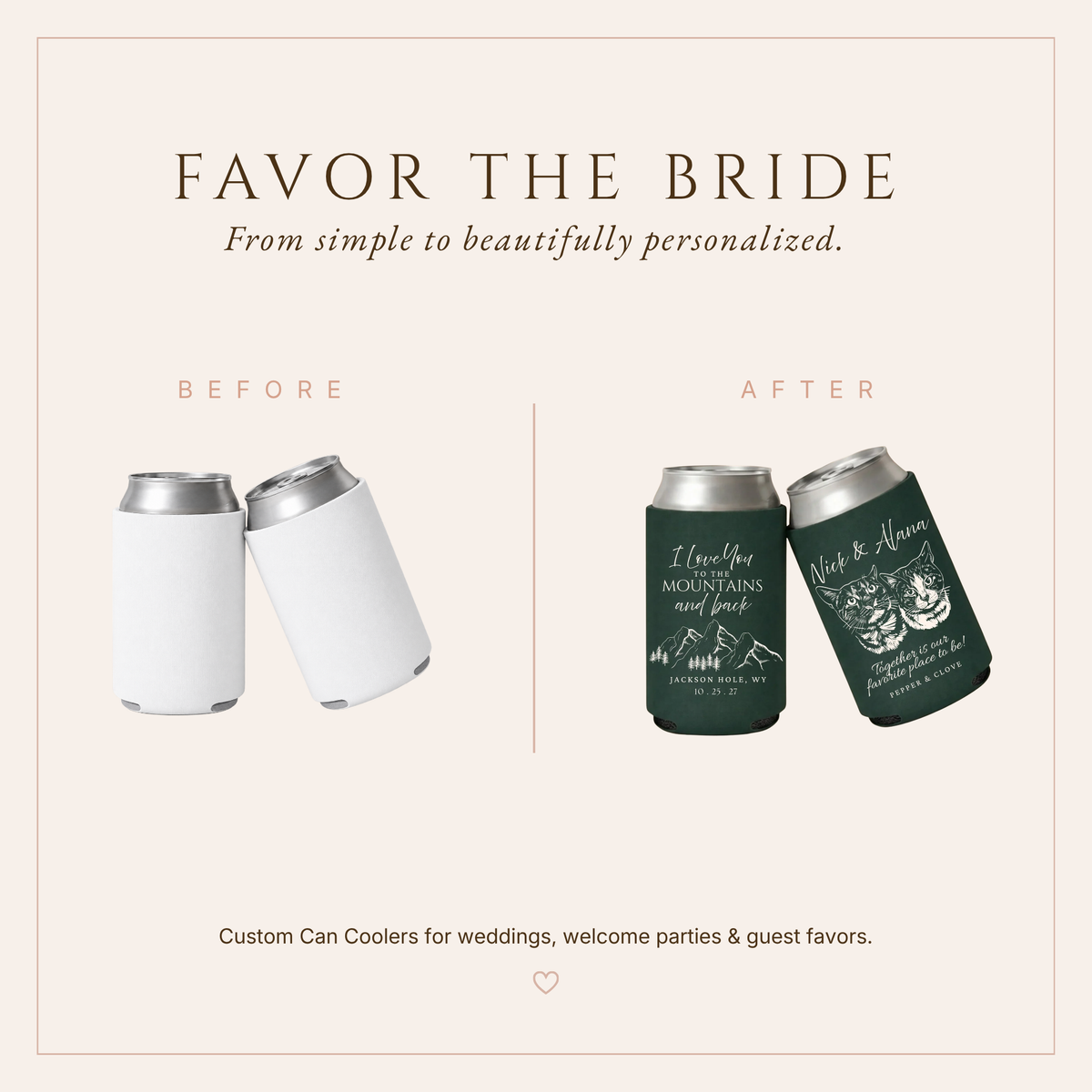 Personalized Mountain Cat Wedding Can Coolers