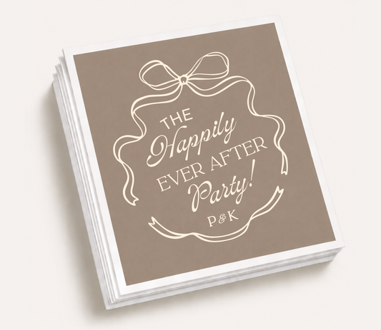 Personalized Happily Ever After Party wedding cocktail napkins featuring an elegant ribbon design with custom couple initials for wedding receptions and cocktail hours.