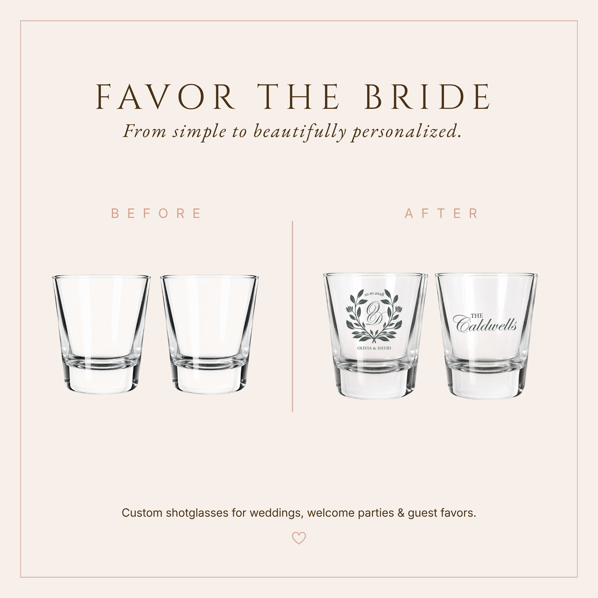 Personalized Laurel Crest Wedding Shot Glasses