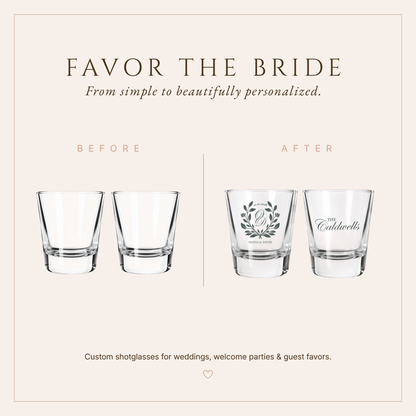Personalized Laurel Crest Wedding Shot Glasses