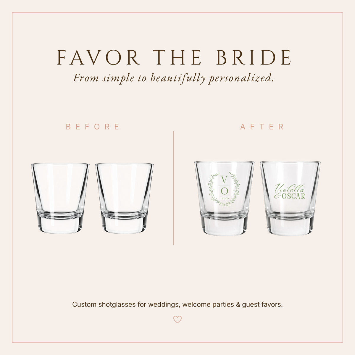Personalized Botanical Initial Monogram Wedding Shot Glasses