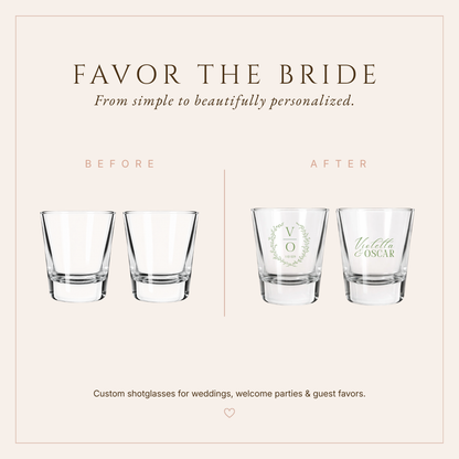 Personalized Botanical Initial Monogram Wedding Shot Glasses