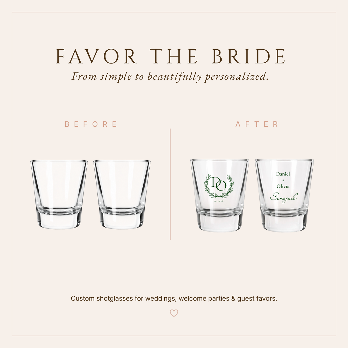 Personalized Classic Laurel Monogram Wedding Shot Glasses