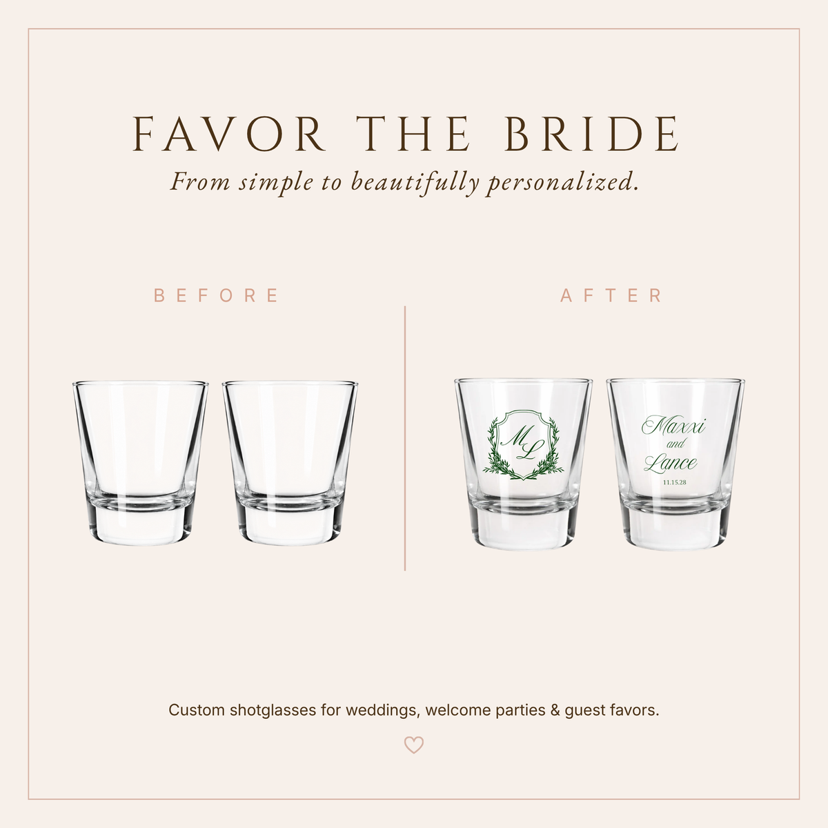 Personalized Maxxi Laurel Monogram Wedding Shot Glasses