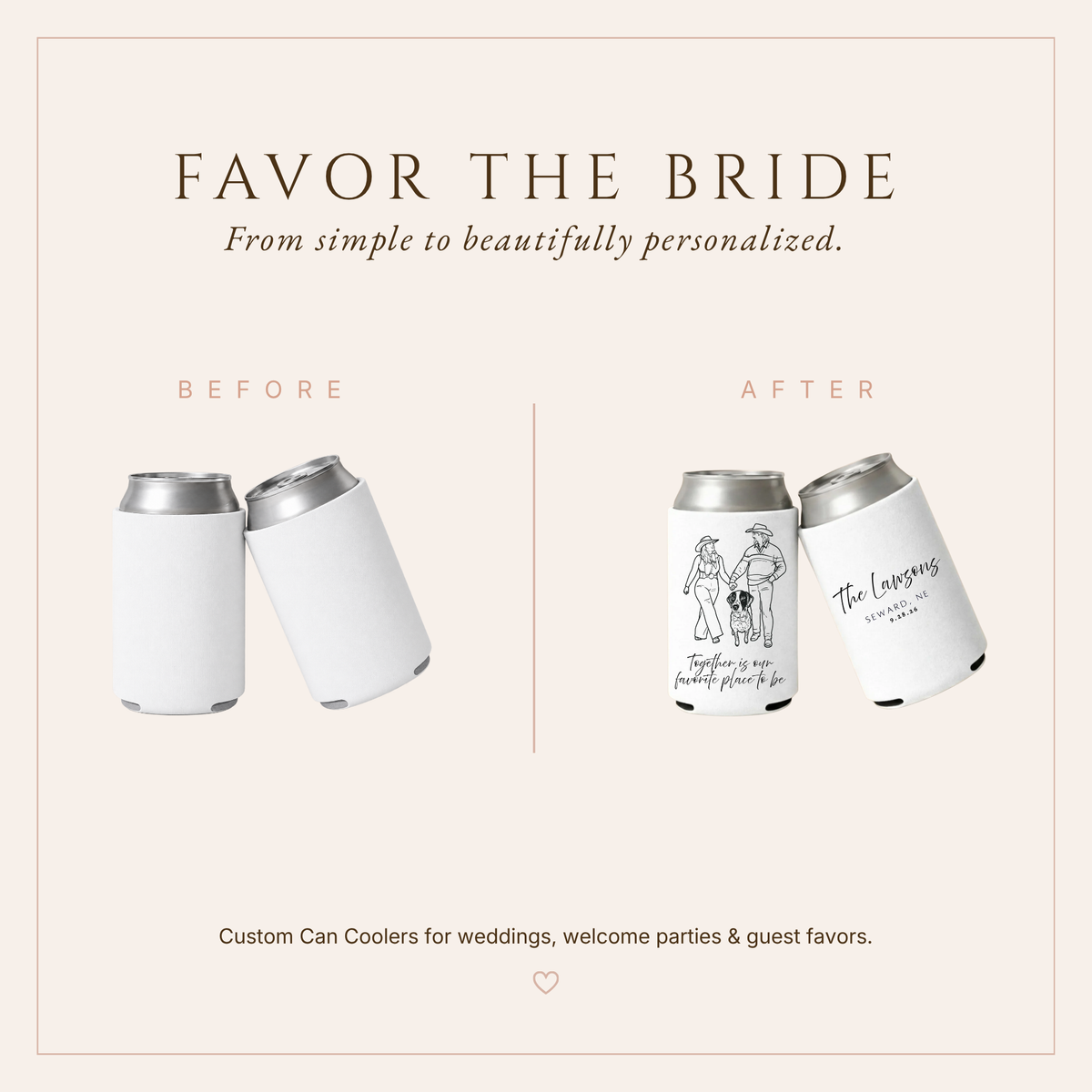 Personalized Couple & Pet Wedding Can Coolers