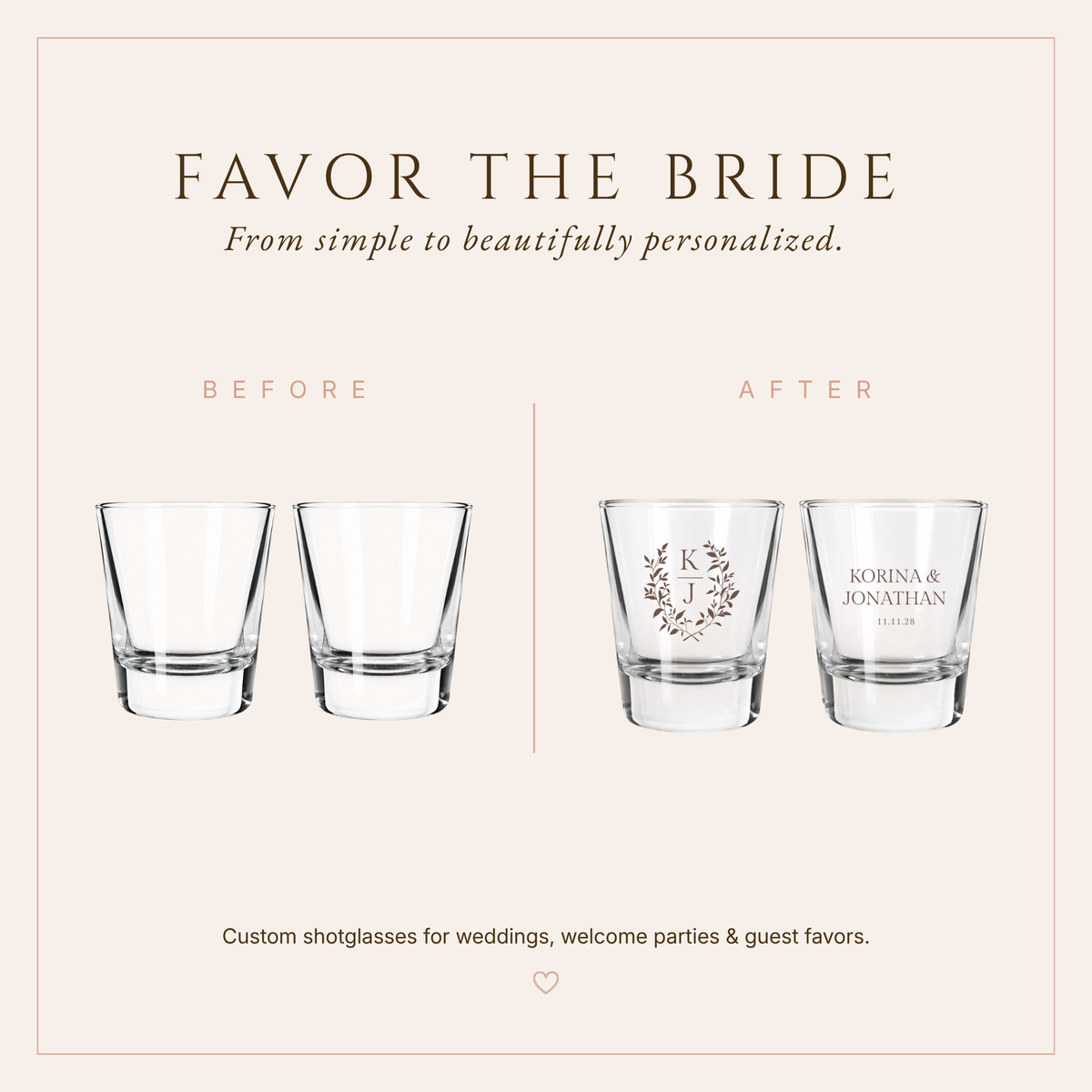 Personalized Korina Laurel Monogram Wedding Shot Glasses