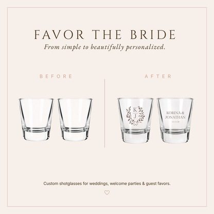 Personalized Korina Laurel Monogram Wedding Shot Glasses