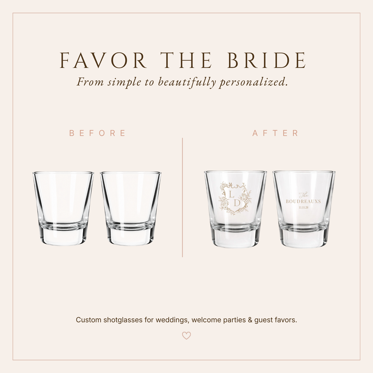 Personalized Boudreaux Floral Wedding Shot Glasses