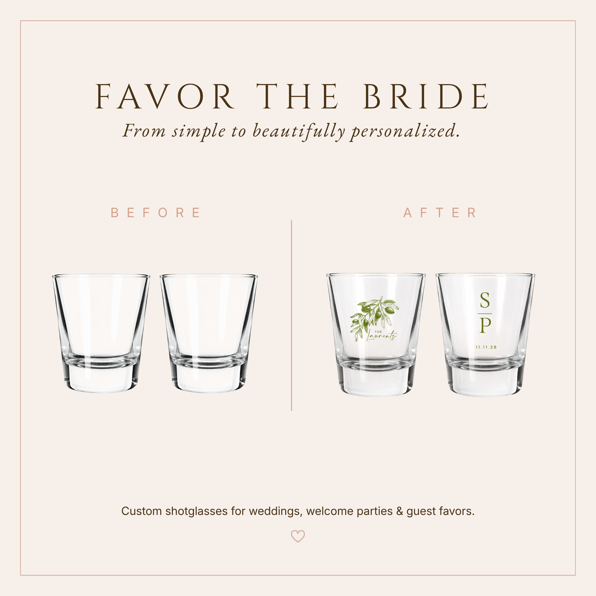 Personalized Olive Branch Wedding Shot Glasses