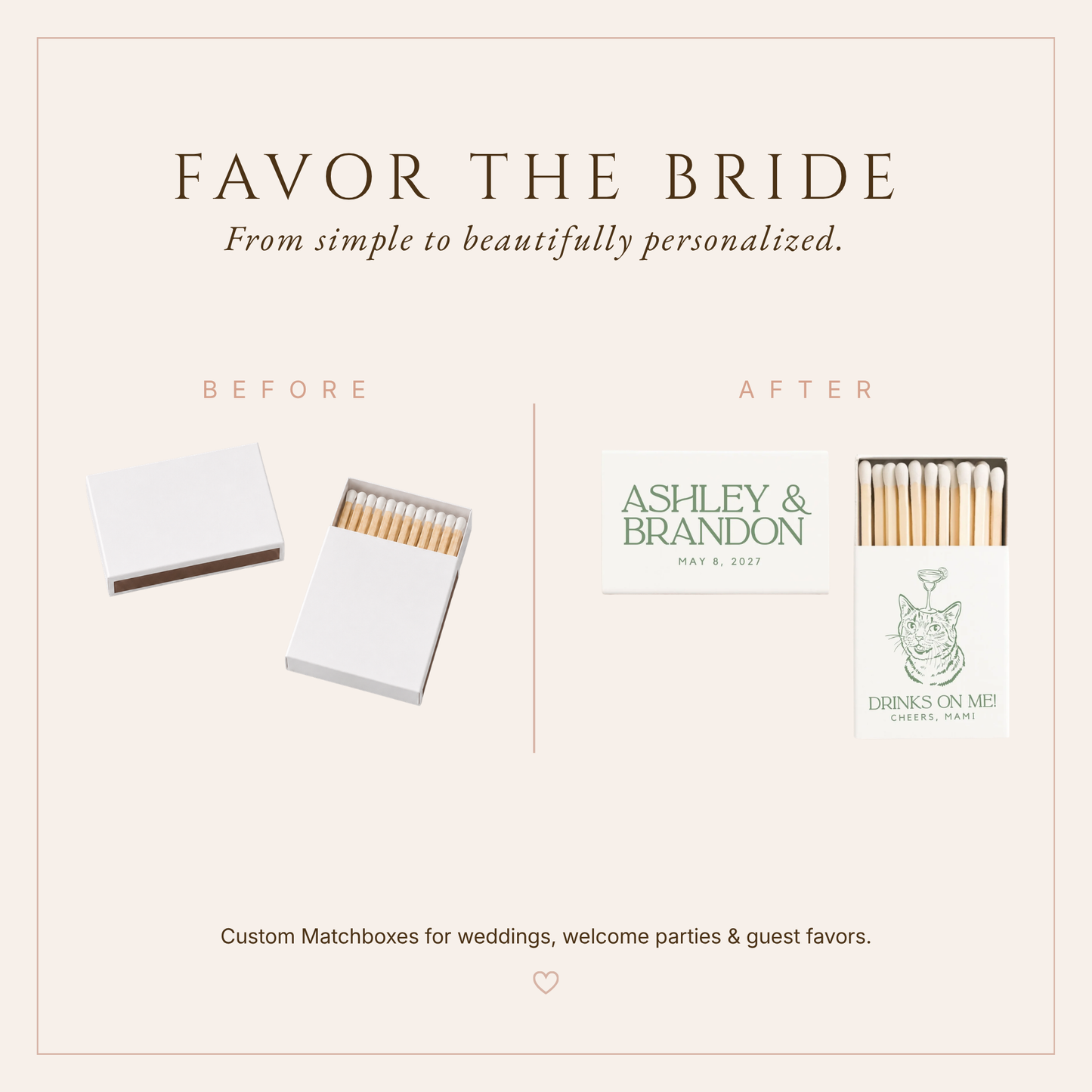 Personalized Cocktail Cat Wedding Matchboxes