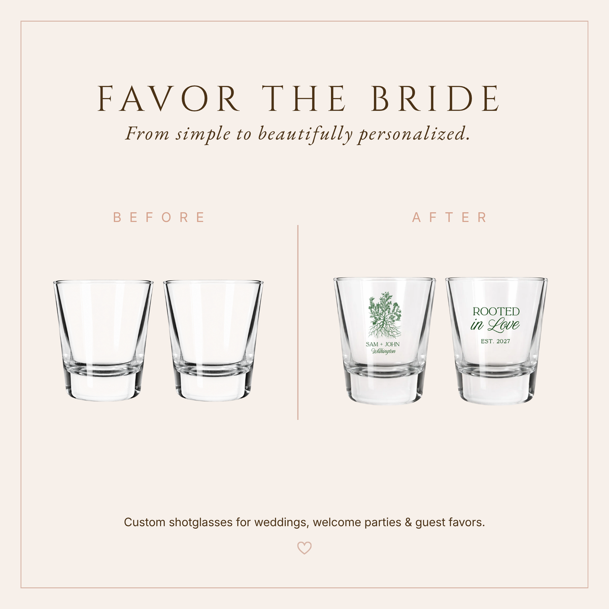 Personalized Rooted in Love Wedding Shot Glasses