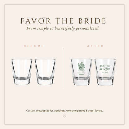 Personalized Rooted in Love Wedding Shot Glasses